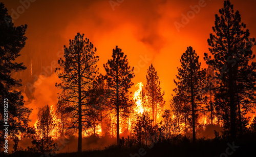Tableau sur toile A dense forest engulfed in flames at night, with tall trees silhouetted against the intense orange and red glow of a wildfire