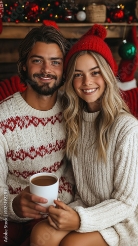 festive couple sitting on a...