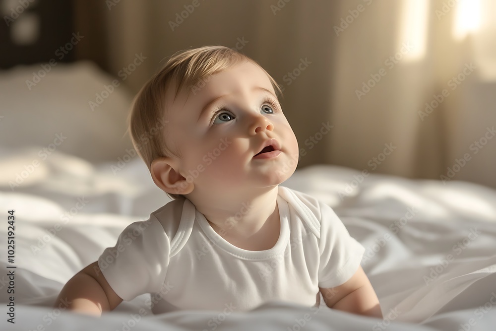 Cute baby boy in white onesie, gazing up on bed, close-up shot, soft blurred background, professional stock photo, clean copy space, gentle lighting, Cute baby boy in white onesie, gazing up on bed, close-up shot, soft blurred background, professional stock photo, clean copy space, gentle lighting,