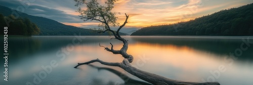 Lonely Tree in Lake at Sunset Long Exposure