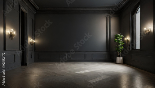 Elegant empty room with dark walls, subtle lighting, and a single indoor plant in a minimalist design
