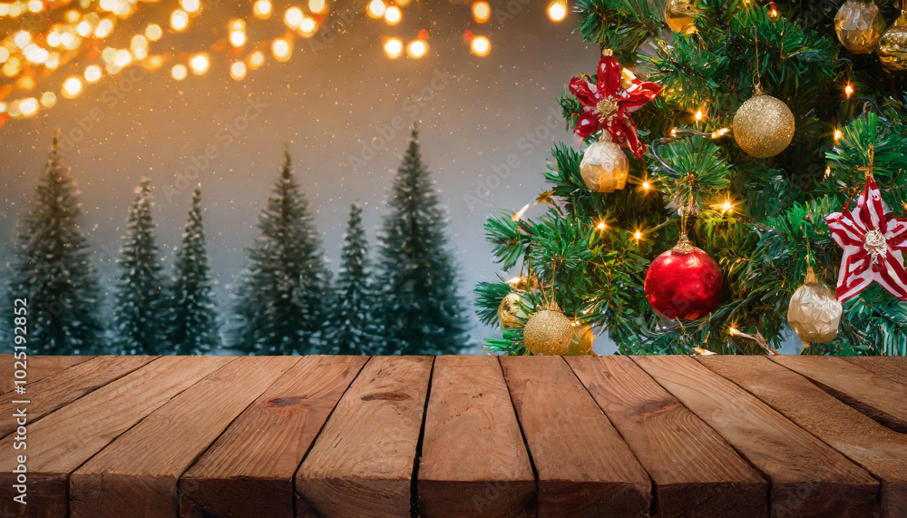 Cozy Christmas scene with a decorated tree and twinkling lights glowing in the winter evening at a rustic wooden table Cozy Christmas scene with a decorated tree and twinkling lights glowing in the winter evening at a rustic wooden table
