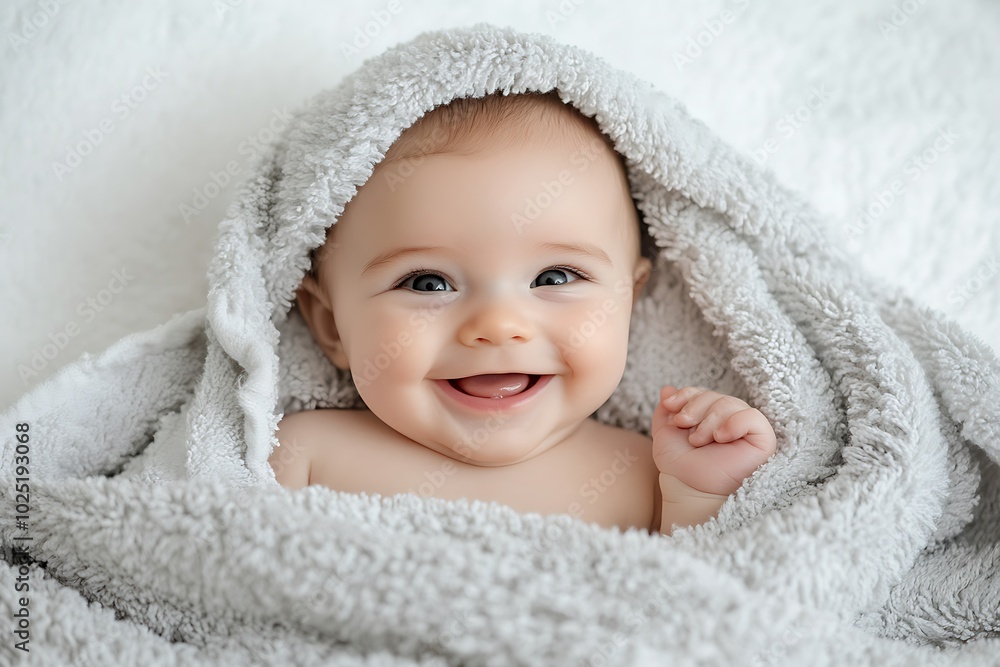 Adorable baby enveloped in a fluffy towel, bright smile, crisp white background, closeup shot with natural light. Adorable baby enveloped in a fluffy towel, bright smile, crisp white background, closeup shot with natural light.