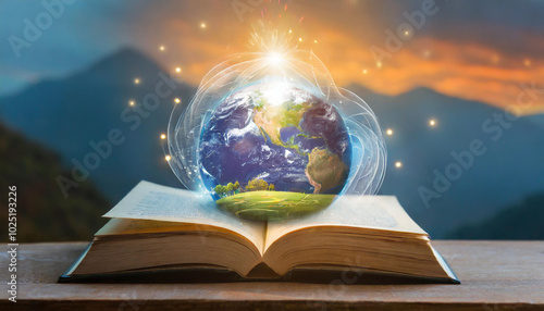 A vibrant book opens to reveal a glowing Earth surrounded by natural landscapes under a majestic sunset in the mountains