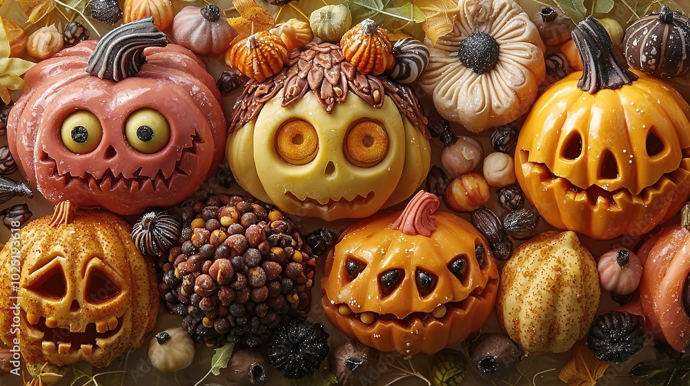 A group of pumpkins sits atop a pile of leaves and acorns A group of pumpkins sits atop a pile of leaves and acorns