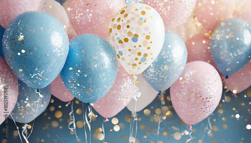 Colorful glitter balloons in blue, pink, and white with confetti create a festive atmosphere for a celebration or party photo