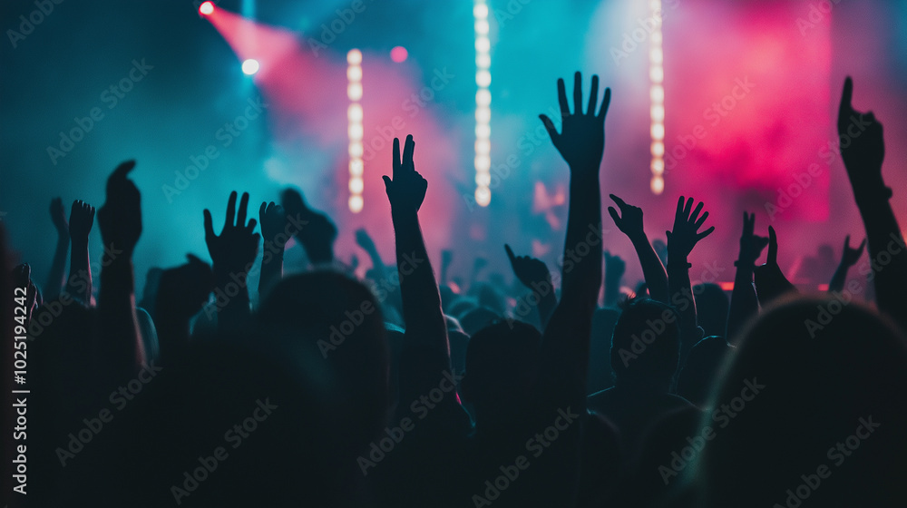 Crowd of people with raised hands at a concert under colorful lighting, enjoying live music. Crowd of people with raised hands at a concert under colorful lighting, enjoying live music.