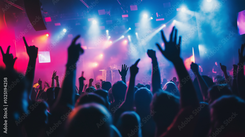 Crowd of people with raised hands at a concert under colorful lighting, enjoying live music. Crowd of people with raised hands at a concert under colorful lighting, enjoying live music.