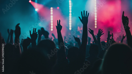 Crowd of people with raised hands at a concert under colorful lighting, enjoying live music.