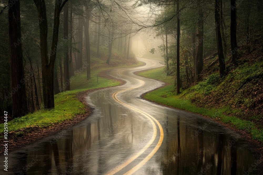 A road with a curve and a lot of trees, generative ai image