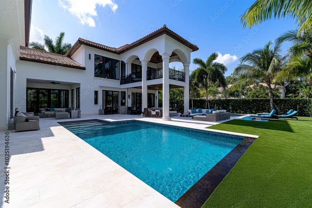 Fototapeta premium Luxury residential villa with a pool, spacious lawn, and modern outdoor furniture, representing upscale living