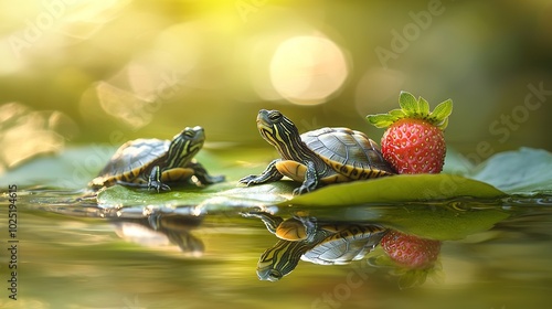   Three turtles on a floating leaf over water with a strawberry on top