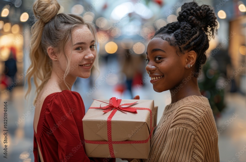 Two Women Holding Gifts in a Mall Two Women Holding Gifts in a Mall