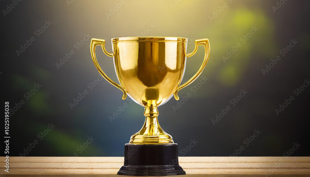 A shiny golden trophy on a wooden table with a blurred green background highlighting achievement and victory moments A shiny golden trophy on a wooden table with a blurred green background highlighting achievement and victory moments