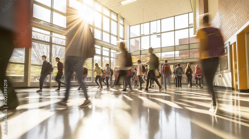 Group of students walking through a sunlit corridor with shadows stretching across the floor. Group of students walking through a sunlit corridor with shadows stretching across the floor.