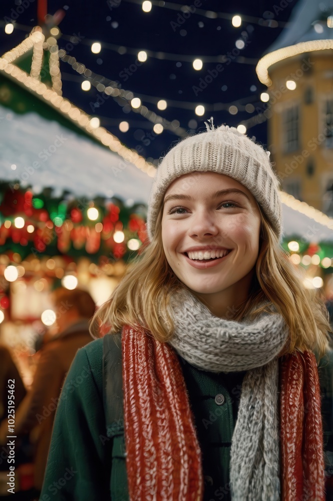Young woman with glasses and knit cap smiling at Christmas market with festive decorations Young woman with glasses and knit cap smiling at Christmas market with festive decorations