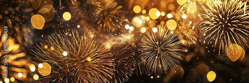 gold bokeh lights and fireworks banner on black background photo