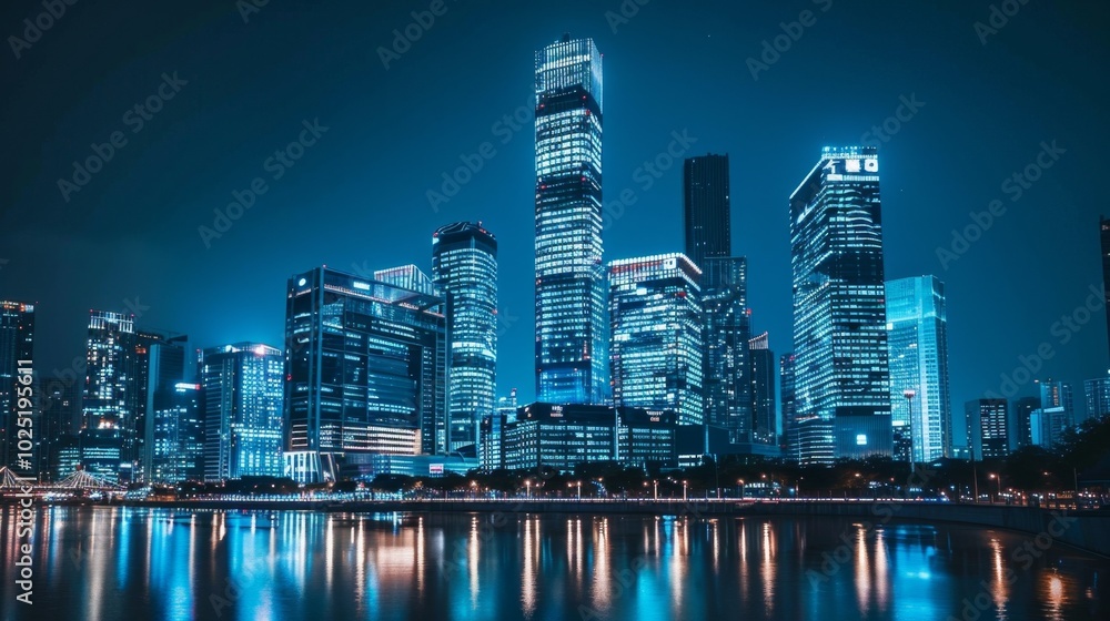 Naklejka premium A city skyline at night with a large body of water in the background
