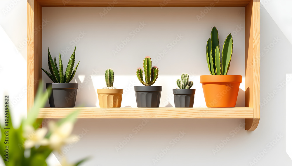 Wooden plant shelf png mockup with small cacti isolated with white highlights, png Wooden plant shelf png mockup with small cacti isolated with white highlights, png