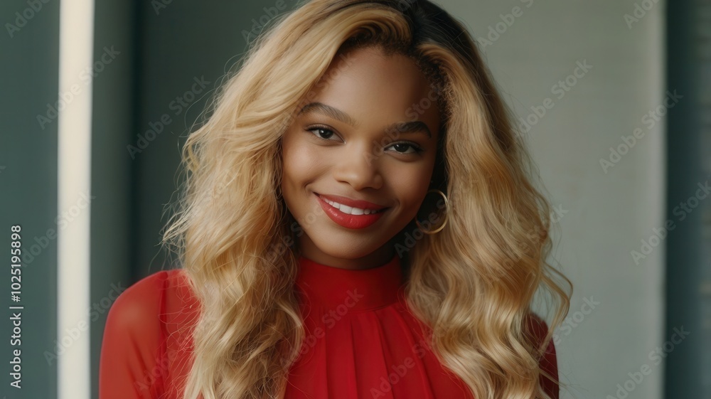 Fototapeta premium Smiling woman with blonde wavy hair in red off-shoulder top, neutral background