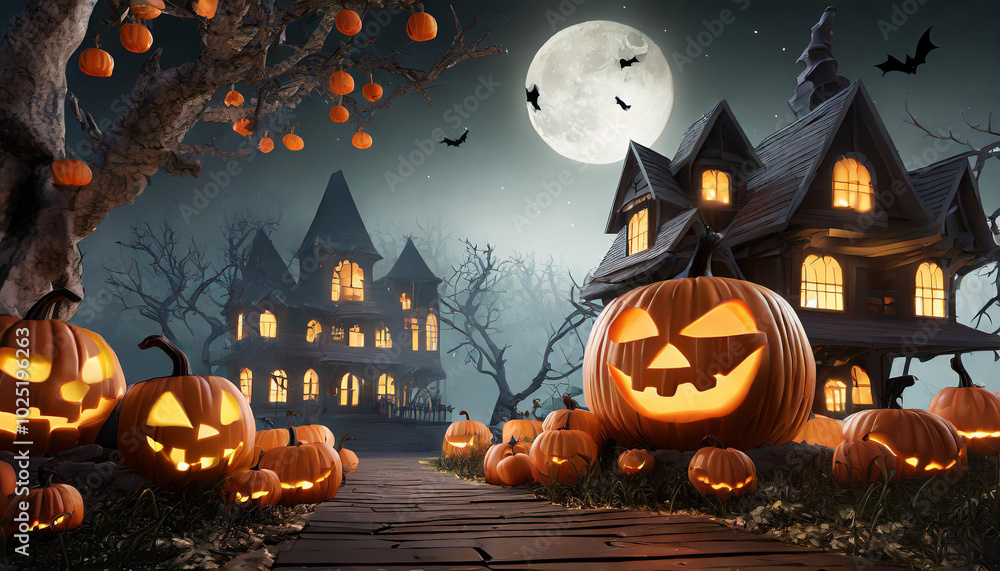 A spooky Halloween night with illuminated pumpkins in front of haunted houses under a full moon A spooky Halloween night with illuminated pumpkins in front of haunted houses under a full moon