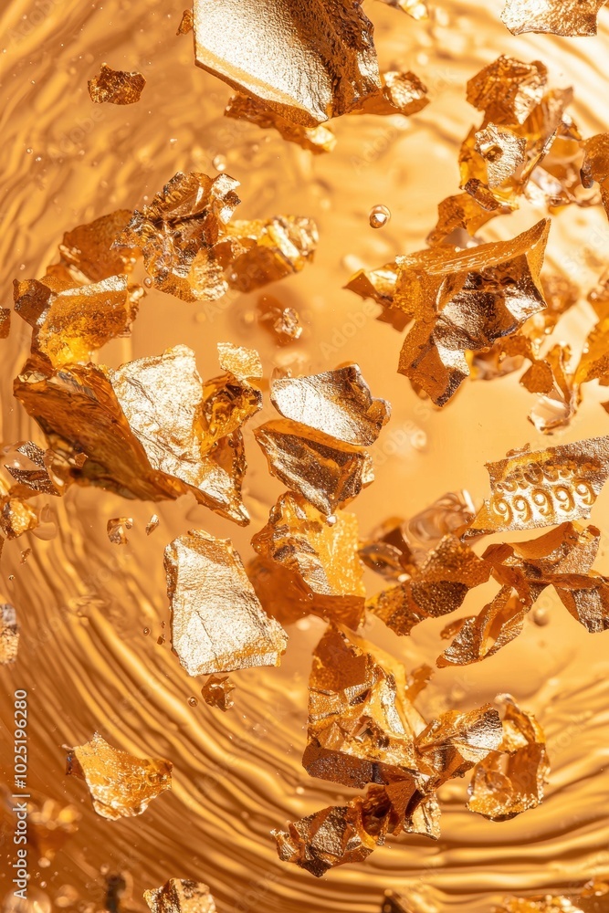 Golden shards of caramel on a shimmering liquid surface. Golden shards of caramel on a shimmering liquid surface.