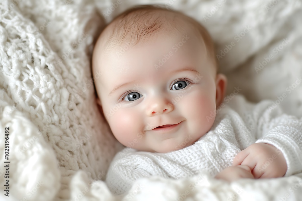 Cute newborn baby lying on a white blanket, close-up portrait, high-resolution clarity, smooth textures. Cute newborn baby lying on a white blanket, close-up portrait, high-resolution clarity, smooth textures.