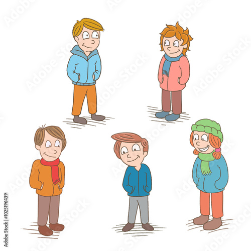 kids with winter clothes illustration isolated on white