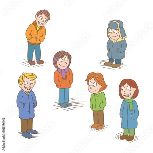 children wearing winter season clothes illustration set isolated on white background