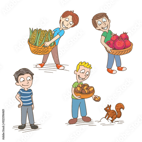 kids with vegetables and squirrel illustration isolated on white