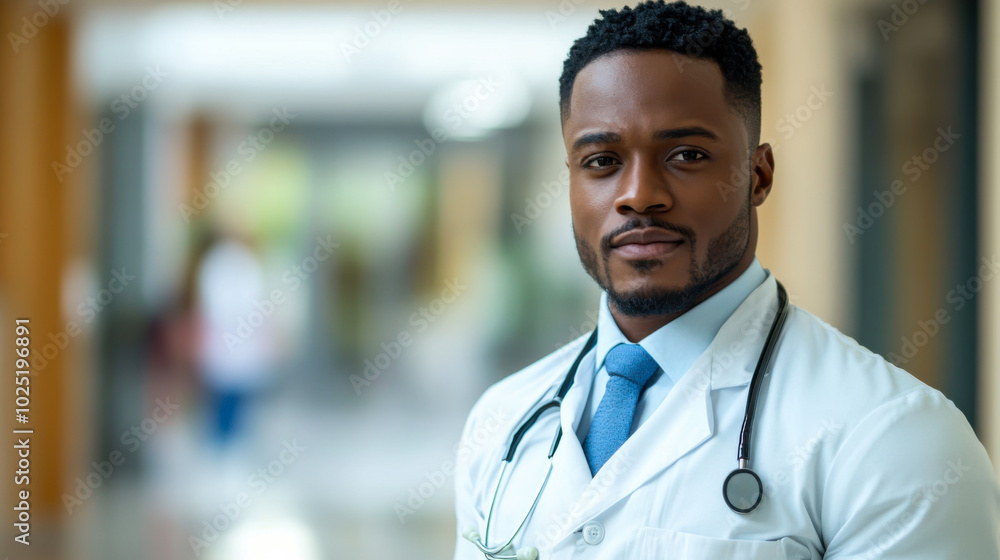 Confident doctor in a white coat with stethoscope standing in a modern hospital corridor during daylight hours Confident doctor in a white coat with stethoscope standing in a modern hospital corridor during daylight hours