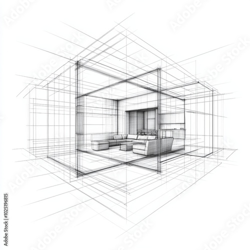 A modern living room with a sketch overlay of an architectural design