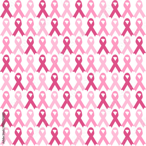 Pink ribbon seamless colorful pattern on white background for breast cancer awareness month. Vector illustration, paper, textile, fabric. background.