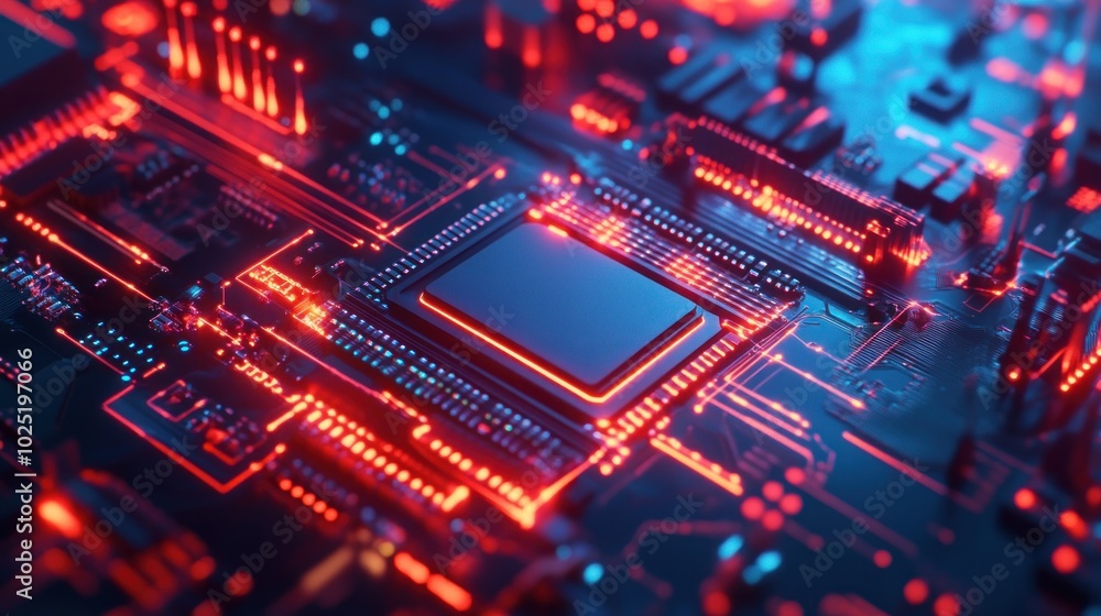 Close-up of a glowing red circuit board with a processor chip Close-up of a glowing red circuit board with a processor chip