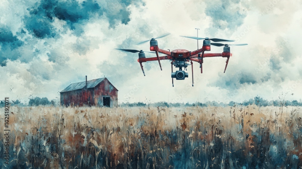 Fototapeta premium Modern Farming Concept in Watercolor Style Emphasizing Technology and Sustainability