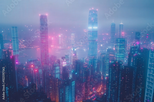 Futuristic Cityscape at Night in the Fog 