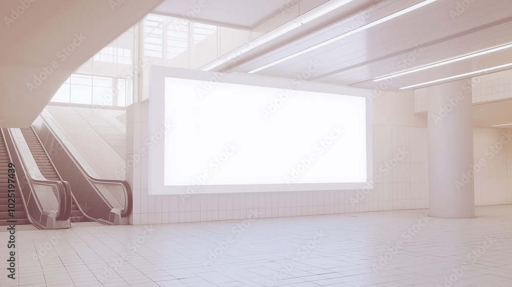 Blank advertising billboard in a modern indoor public space with natural light streaming through large windows. Blank advertising billboard in a modern indoor public space with natural light streaming through large windows.