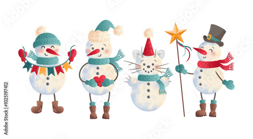 A charming set of Christmas snowmen wearing scarves and hats, adorned with various decorations like garlands, stars, and hearts, all illustrated in a delightful watercolor style. Perfect for holiday