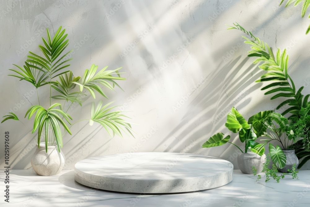 A 3D marble-patterned podium surrounded by lush plants, casting soft shadows, perfect for product photography and minimalist artistic displays. A 3D marble-patterned podium surrounded by lush plants, casting soft shadows, perfect for product photography and minimalist artistic displays.