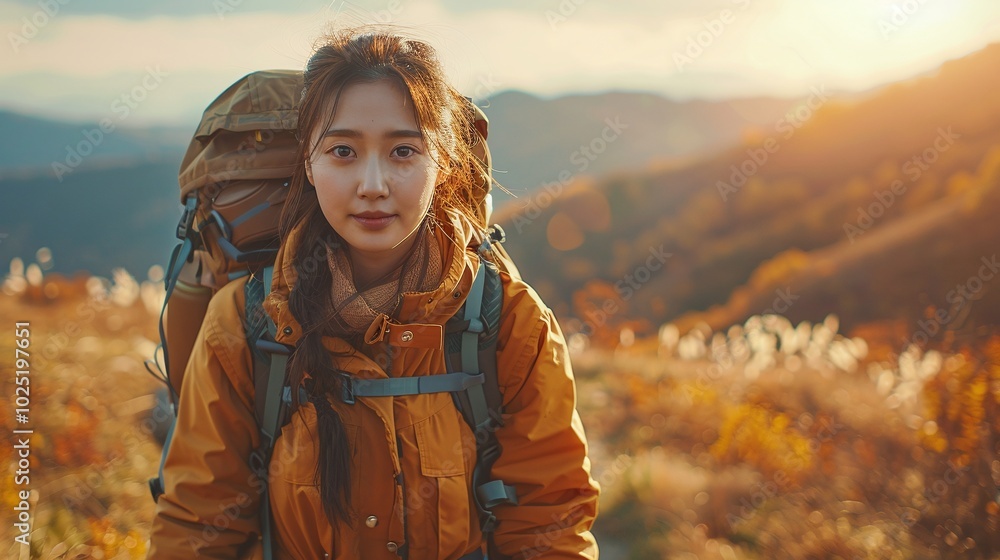 Portrait of a young Korean woman hiking through an autumn landscape at sunset, wearing a yellow jacket and backpack. Perfect for outdoor, adventure, and travel themes with copyspace.
Portrait of a young Korean woman hiking through an autumn landscape at sunset, wearing a yellow jacket and backpack. Perfect for outdoor, adventure, and travel themes with copyspace.