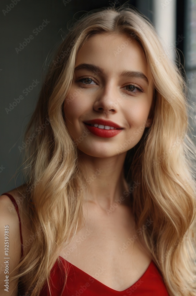 Blonde woman in deep red top smiling with red lipstick, posing confidently, casual style Blonde woman in deep red top smiling with red lipstick, posing confidently, casual style
