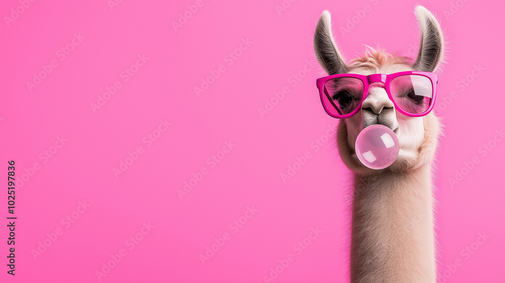 Obraz premium Llama wearing oversized pink sunglasses and blowing a bubble gum against a pink background.