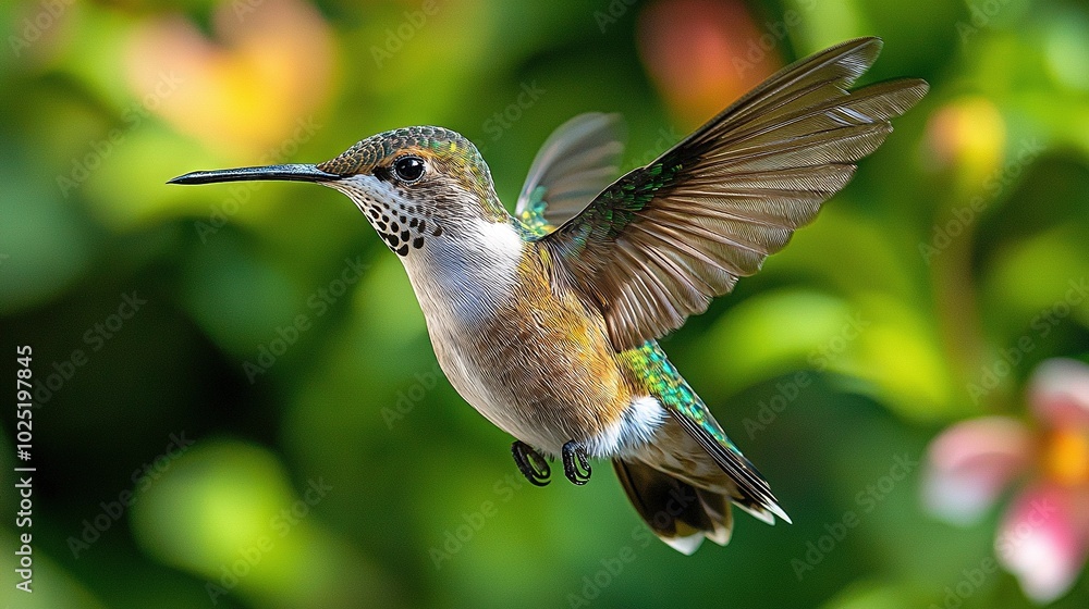 Fototapeta premium A hummingbird flaps its wings in front of a green and pink flowered bush, with pink and yellow flowers in the background