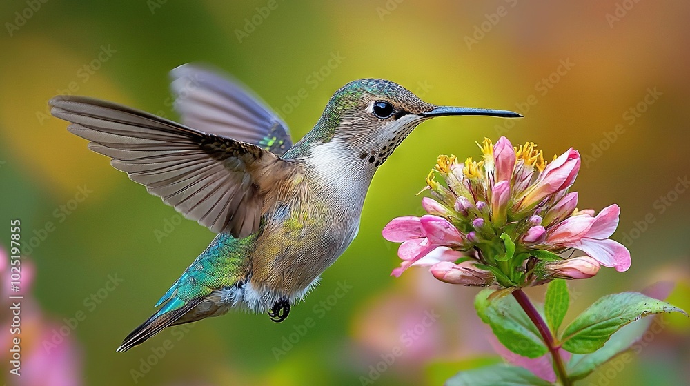 Naklejka premium A hummingbird rests on a pink blossom against a hazy backdrop of green and pink blooms