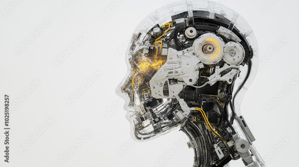 Fototapeta premium Side view of a transparent humanoid robot head revealing internal mechanical components and wiring.