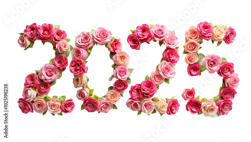 2025 number made from roses and flowers on white background, symbolizing beauty, nature, and celebration, perfect for floral and festive designs.
