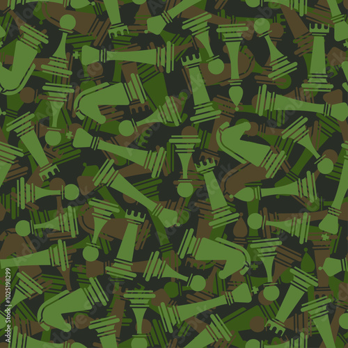 Chess Military pattern seamless. Chess pieces Army background. Pawn and rook chess pieces Protective hacks background. Symbol Horse and bishop background. Soldier and hunting fabric texture