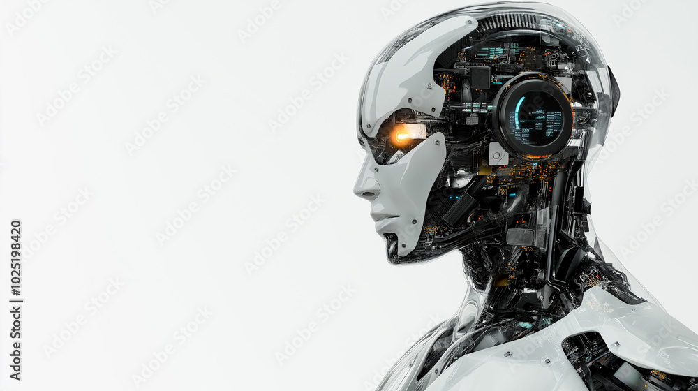 Side profile of a futuristic humanoid robot with visible mechanical components and glowing eye. Side profile of a futuristic humanoid robot with visible mechanical components and glowing eye.