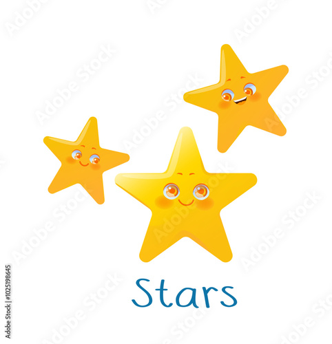 Educational weather flashcard. Stars inscription. Night and eveninig. Cute yellow stars. Worksheet for training and learning. Cartoon Flat vector illustration isolated on white background photo