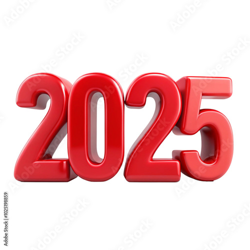 red 2025 Happy New Years isolated on white background, symbolizing excitement and celebration, ideal for New Year's themes or holiday party decorations.